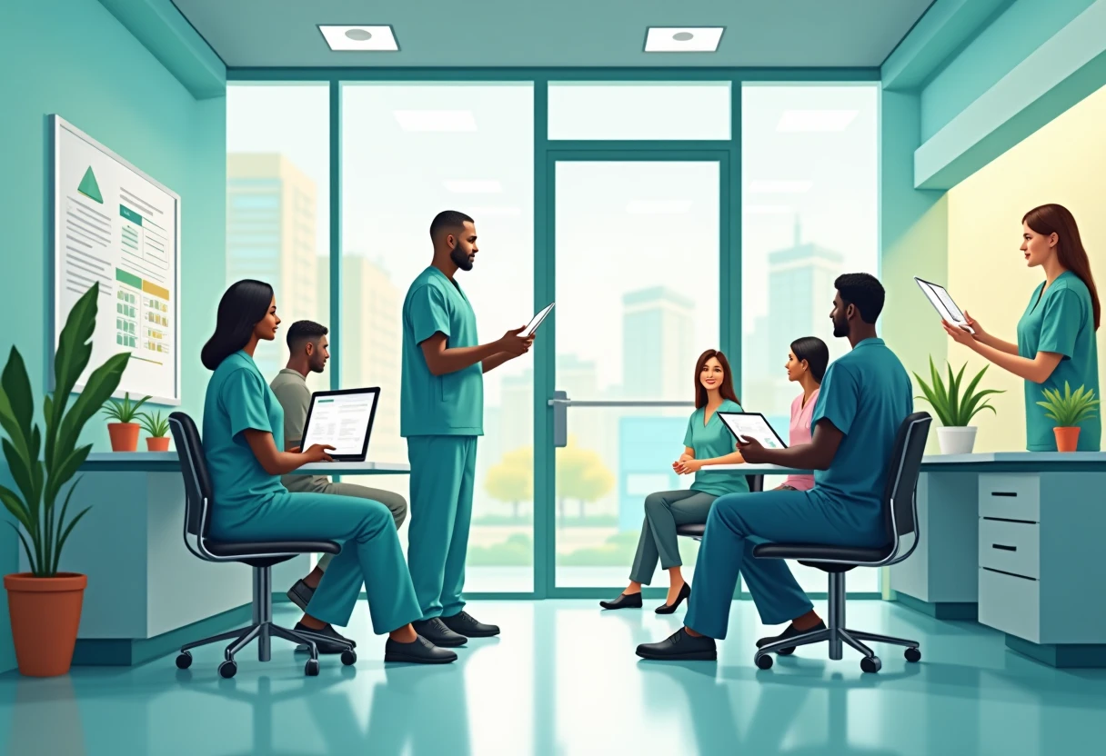 Healthcare professionals in a modern hospital