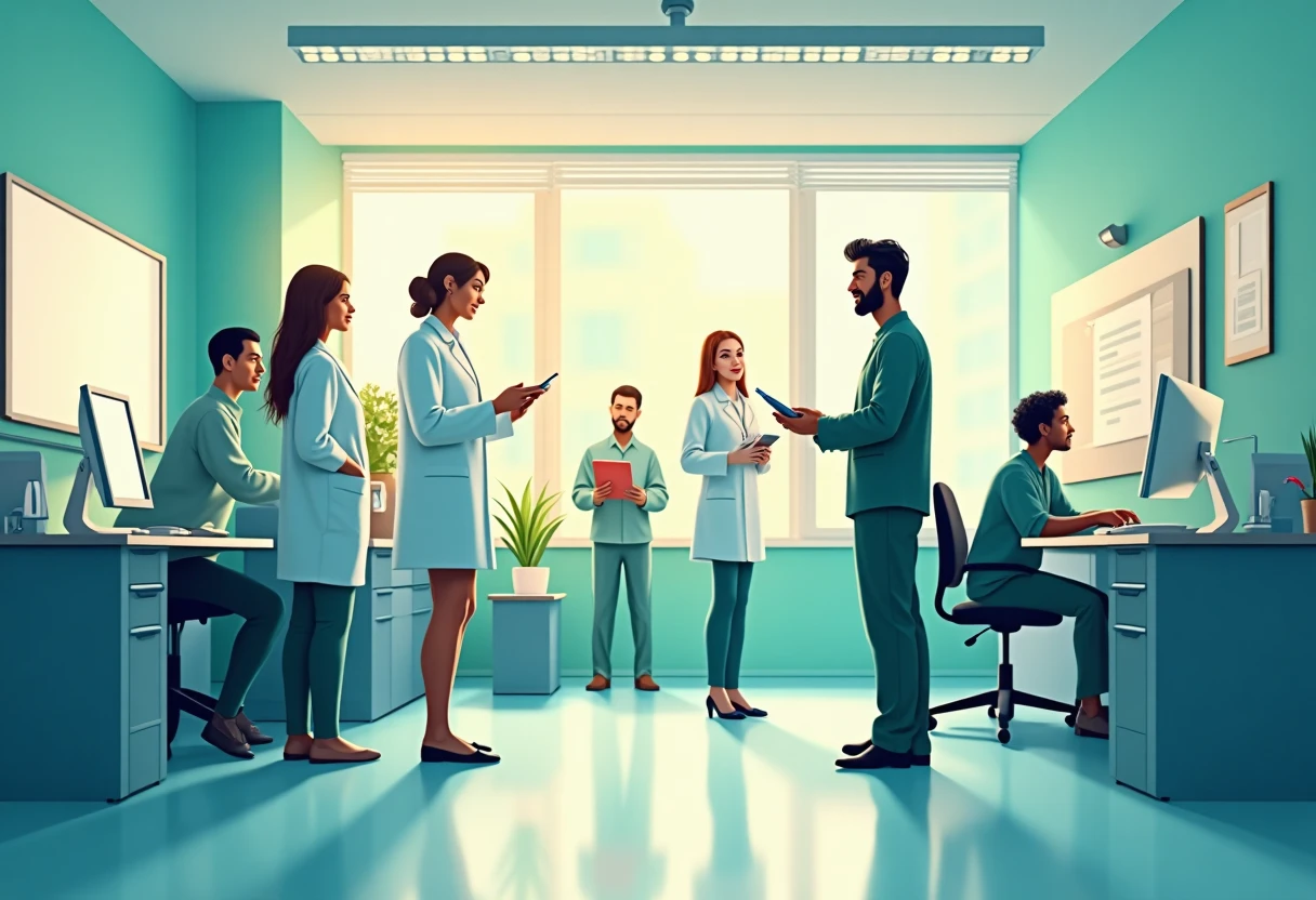 Hospital lab with healthcare professionals